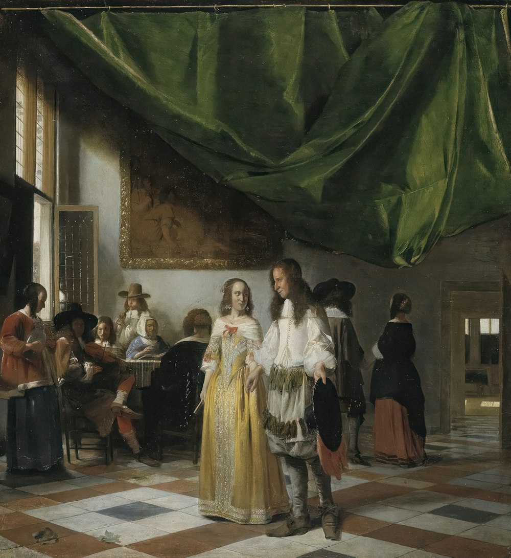 a painting of a man and woman standing in front of a room full of people