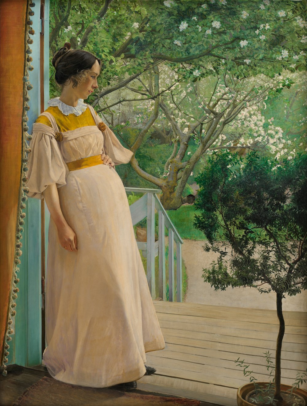 a painting of a woman standing on a porch