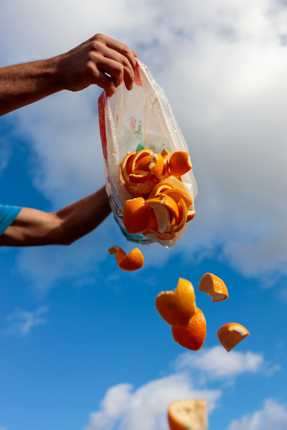 eine Person, die eine Tüte voller Orangenschalen in der Hand hält