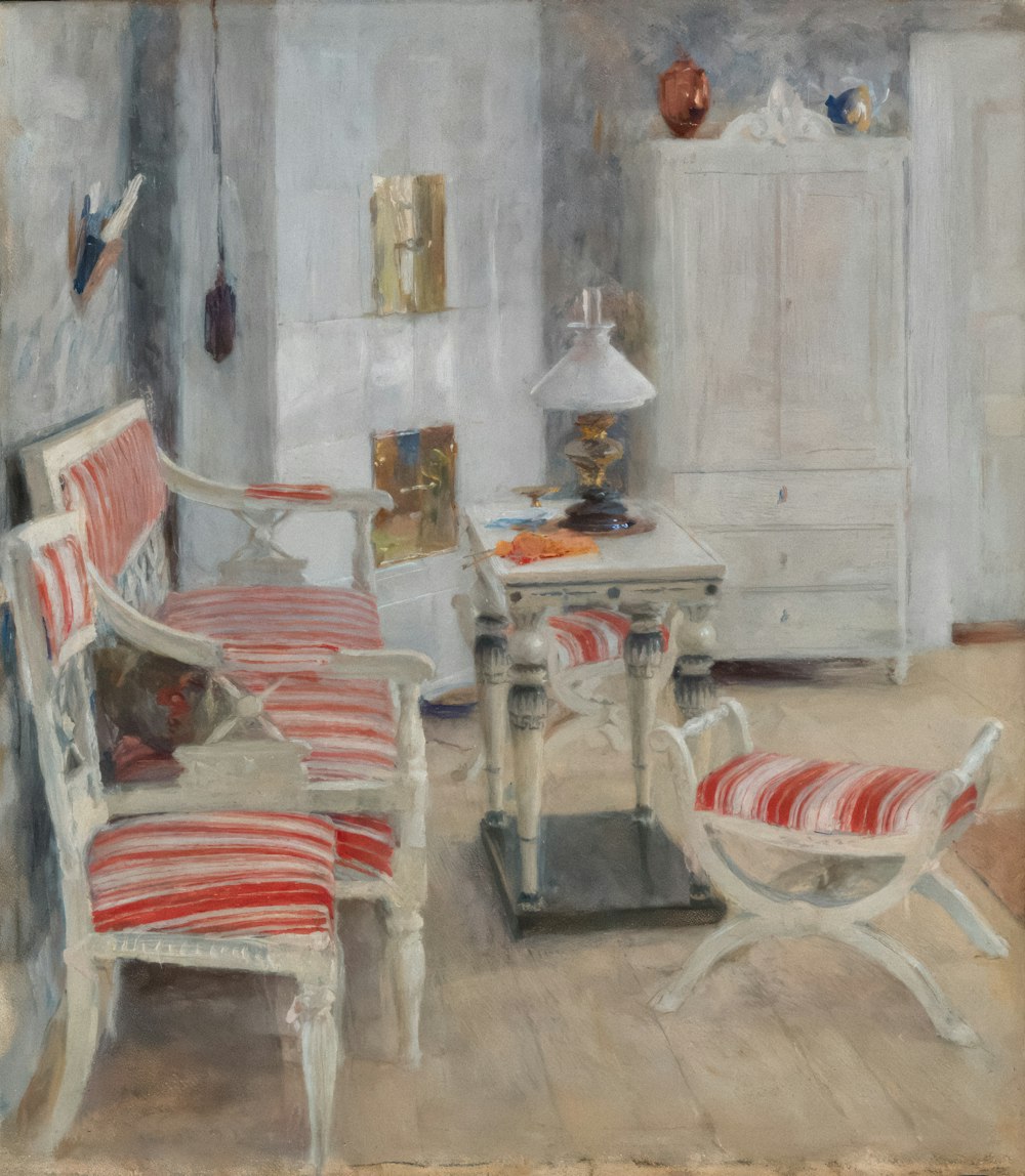 a painting of a living room with red and white furniture