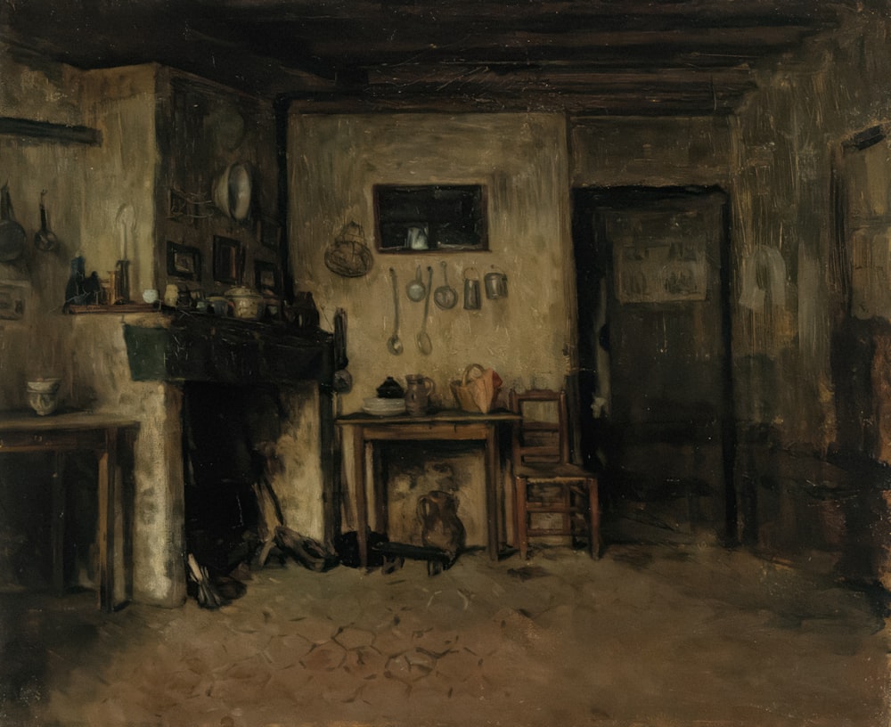 a painting of a living room with a fireplace