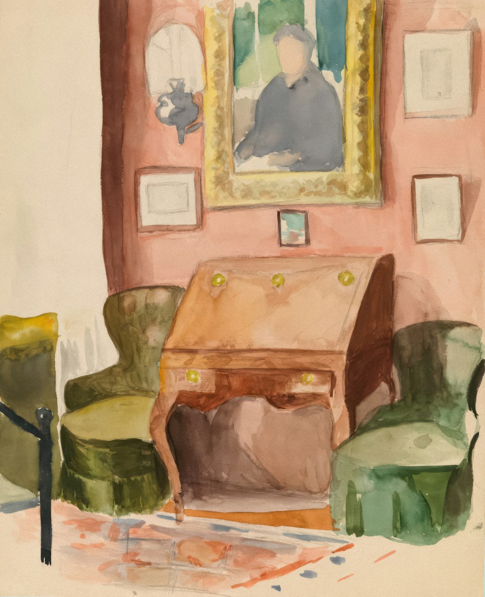 a painting of a living room with a table and chairs