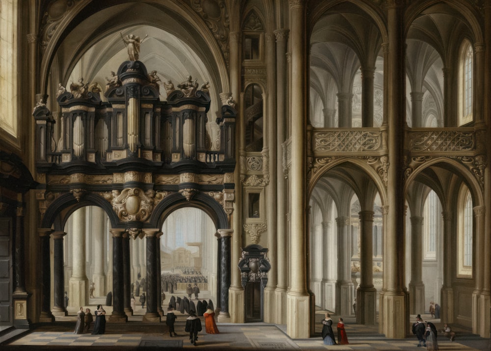 a painting of a cathedral with people walking around