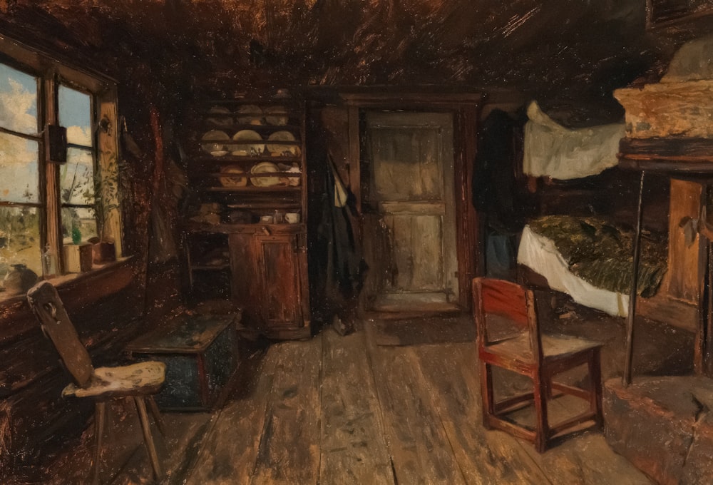 a painting of a bedroom with a bed and a chair