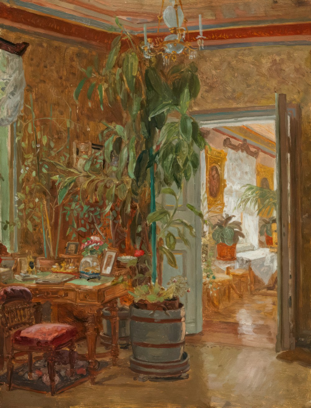 ein Gemälde eines Esszimmers mit einer Topfpflanze