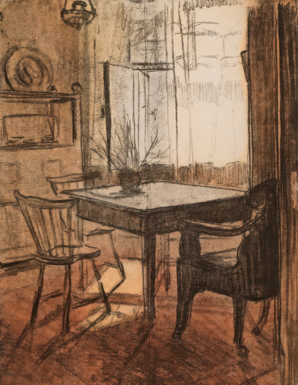 Un dibujo de una mesa y sillas en una habitación