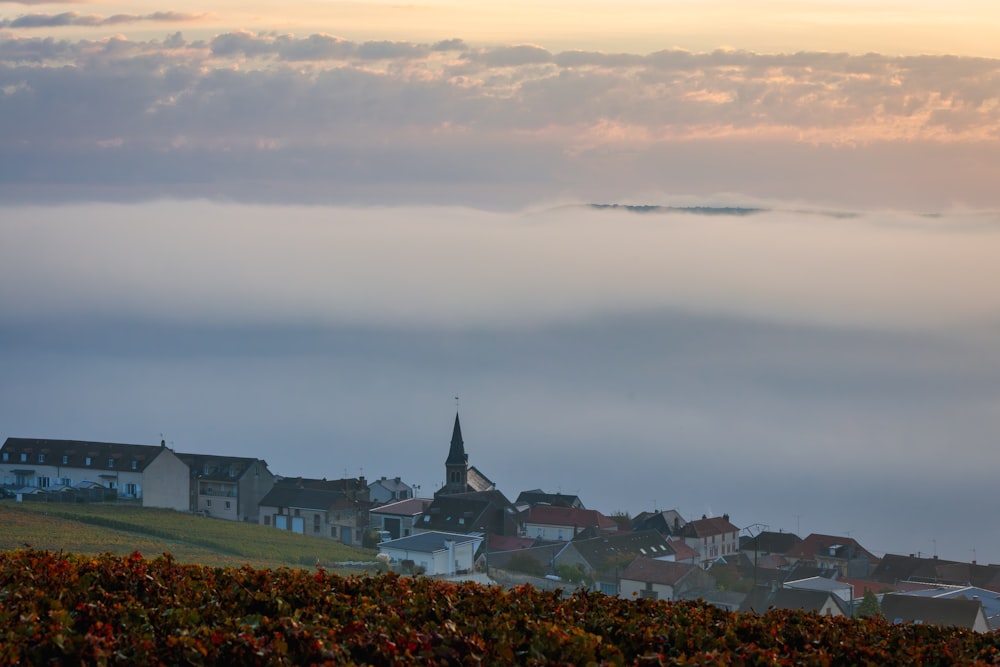 a view of a town with a church in the distance