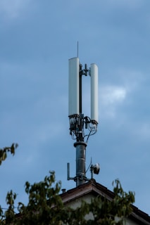 A cell tower stands atop a building with a clear sky in the background. The tower features multiple antennas and cables, indicating its use for telecommunications. Partial foliage from nearby trees can be seen in the foreground.