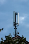 A cell tower stands atop a building with a clear sky in the background. The tower features multiple antennas and cables, indicating its use for telecommunications. Partial foliage from nearby trees can be seen in the foreground.