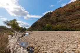 a river running through a lush green hillside
