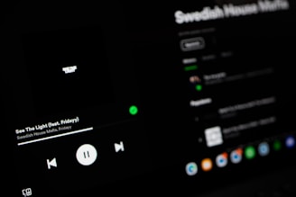 A dark-themed Spotify interface displaying the song 'See The Light' by Swedish House Mafia featuring Fridayy. The play controls are visible with options to play, pause, and skip tracks. The track list and album details are slightly blurred in the background.