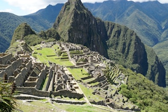 A panoramic shot of the Inca ruins surrounded by lush mountains.