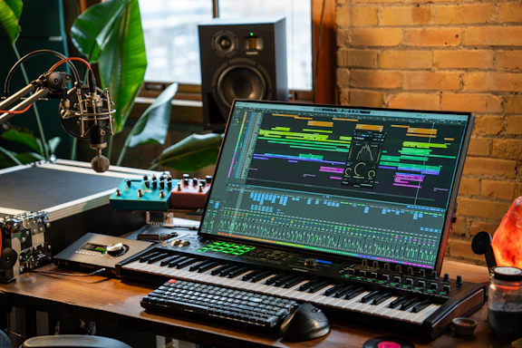 A music production setup with a large monitor displaying a digital audio workstation interface, showing multiple tracks and effects. The setup includes a keyboard, various audio equipment, a microphone, and ambient lighting. There are plants and a brick wall in the background, with natural light coming through a window.