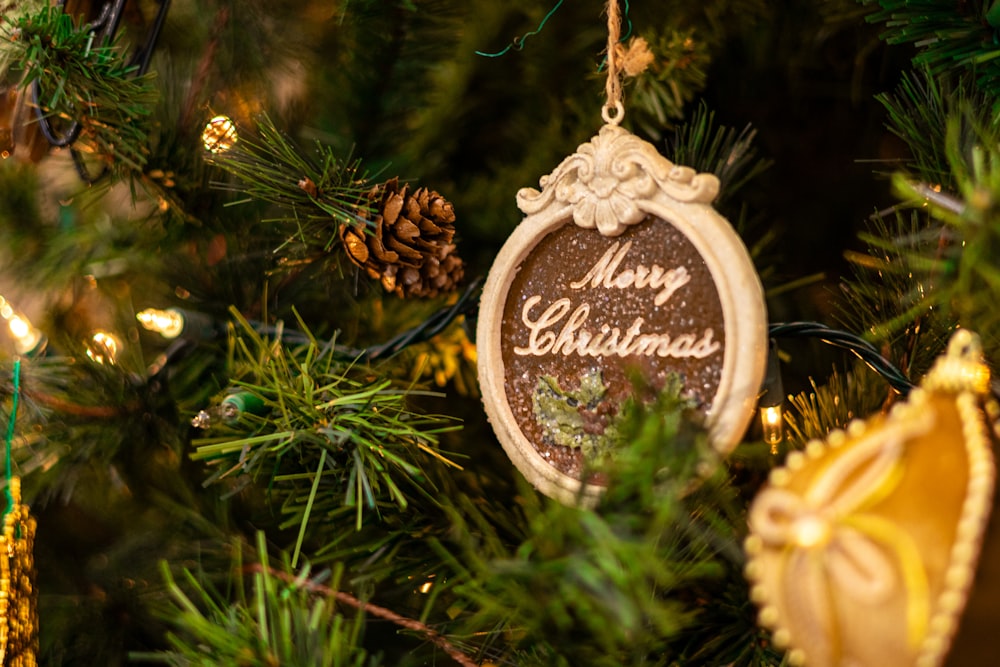 a christmas ornament hanging from a christmas tree