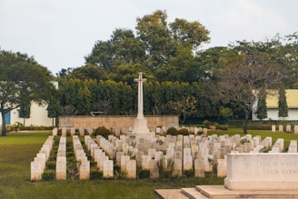 A cemetery with rows of headstones arranged in neat lines, featuring a large, central stone cross. The area is surrounded by lush greenery and trees, with a backdrop of a building with a green roof.