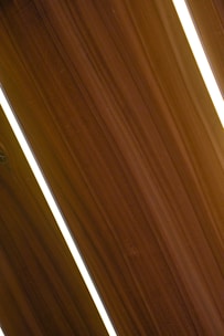 Several dark wooden panels are aligned diagonally with narrow strips of bright white lighting in between them, creating a sleek and modern appearance.