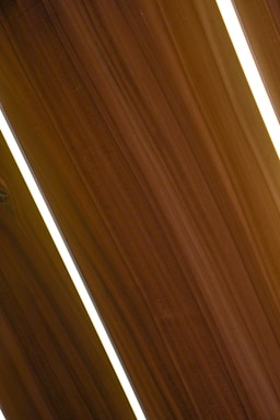 Several dark wooden panels are aligned diagonally with narrow strips of bright white lighting in between them, creating a sleek and modern appearance.