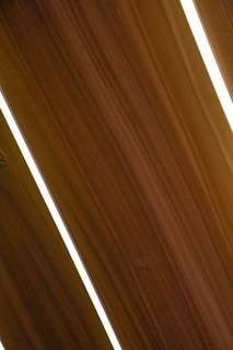 Several dark wooden panels are aligned diagonally with narrow strips of bright white lighting in between them, creating a sleek and modern appearance.