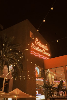 An outdoor scene featuring a building with a neon sign for Edwards Stadium Cinemas. String lights are hung across the scene, adding a festive atmosphere. Palm trees are present, and the entrance is illuminated with reflections of neon lights on the glass windows.