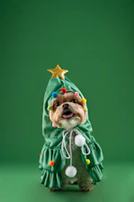 A happy small dog wearing a colorful handmade outfit tailored perfectly.