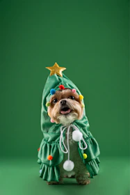 A happy small dog wearing a colorful handmade outfit tailored perfectly.