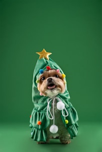 A small dog dressed in a festive holiday outfit with intricate embroidery and soft lining.