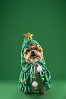 A happy dog wearing a colorful handmade outfit with measuring tape around its chest.