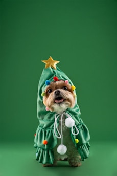 A small dog dressed in a green Christmas tree costume adorned with colorful pom-poms and a gold star on top.