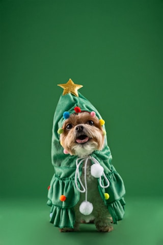 A small dog dressed in a green Christmas tree costume adorned with colorful pom-poms and a gold star on top.