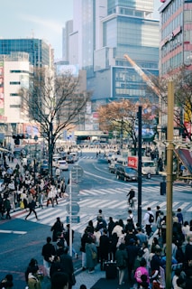 A bustling cityscape featuring a busy crosswalk teeming with people. Skyscrapers and tall buildings line the horizon, while leafless trees add an urban touch. Various vehicles, including cars and a cyclist, navigate the streets. The scene communicates the vibrant energy of urban life.