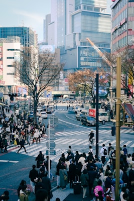 A bustling cityscape featuring a busy crosswalk teeming with people. Skyscrapers and tall buildings line the horizon, while leafless trees add an urban touch. Various vehicles, including cars and a cyclist, navigate the streets. The scene communicates the vibrant energy of urban life.