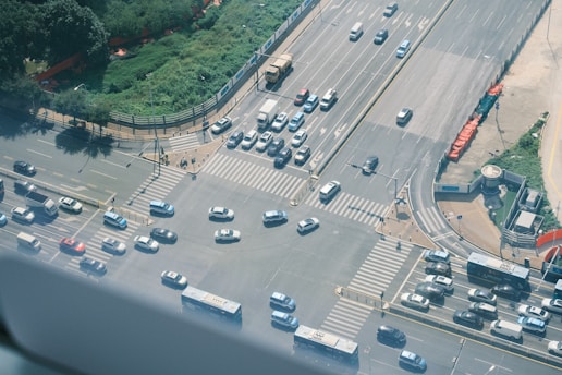 an aerial view of a busy city intersection