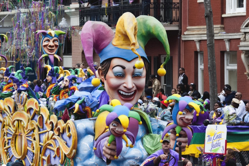 Colorful Mardi Gras parade floats and beads in New Orleans