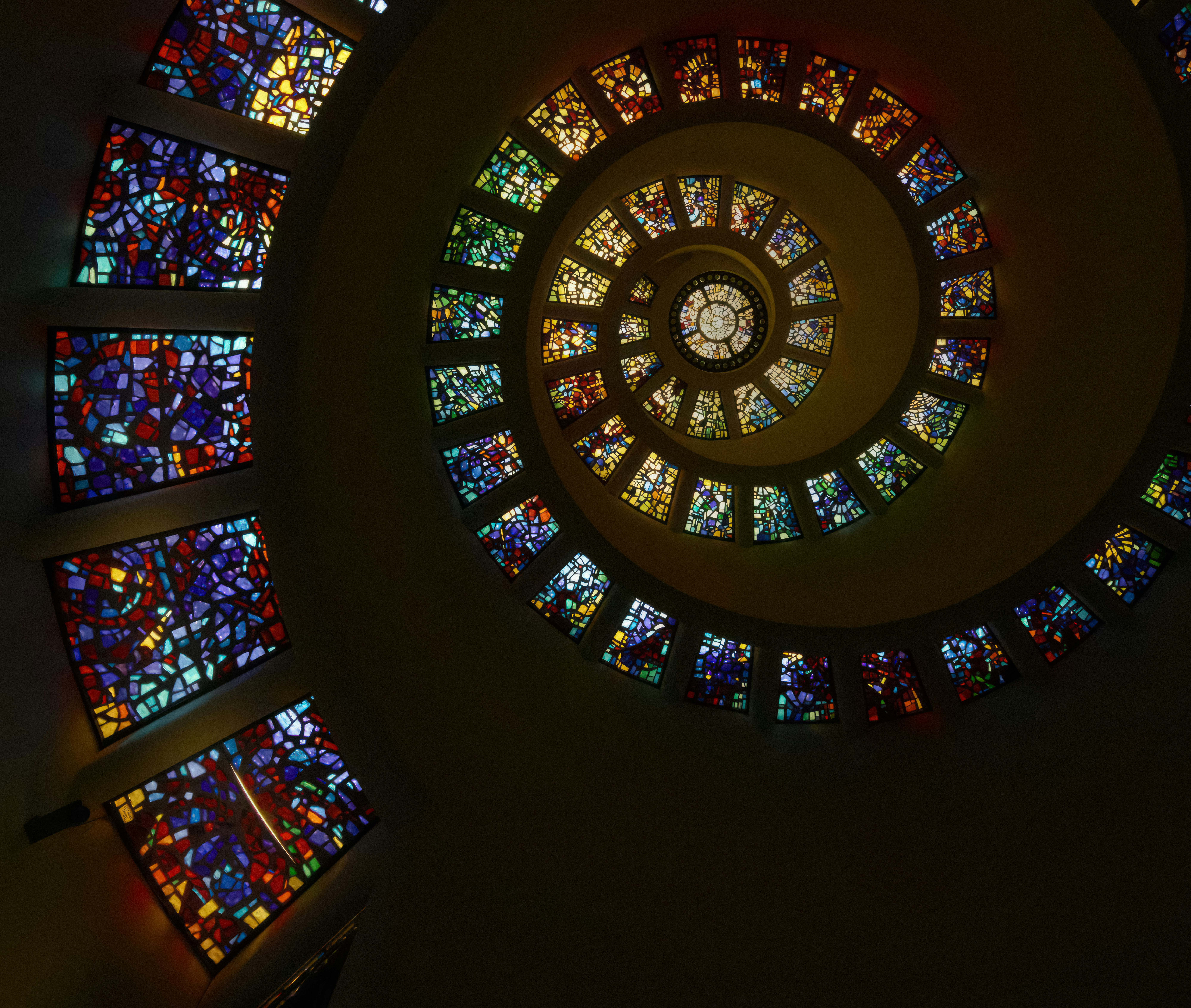 Philip Johnson's "Glory Window" unfolds in the spiraling 1976 Chapel of Thanksgiving, part of Thanks-Giving Square in Dallas, Texas