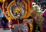 A person wearing an elaborate and colorful traditional costume featuring a large headdress adorned with vibrant feathers and a mask resembling a jaguar. The outfit includes patterns and designs typical of cultural or traditional attire. The background shows other people, suggesting a festive or parade setting.