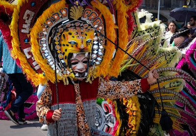 A person wearing an elaborate and colorful traditional costume featuring a large headdress adorned with vibrant feathers and a mask resembling a jaguar. The outfit includes patterns and designs typical of cultural or traditional attire. The background shows other people, suggesting a festive or parade setting.
