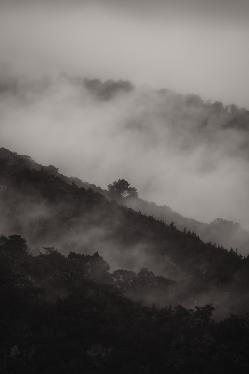 a black and white photo of a mountain covered in fog