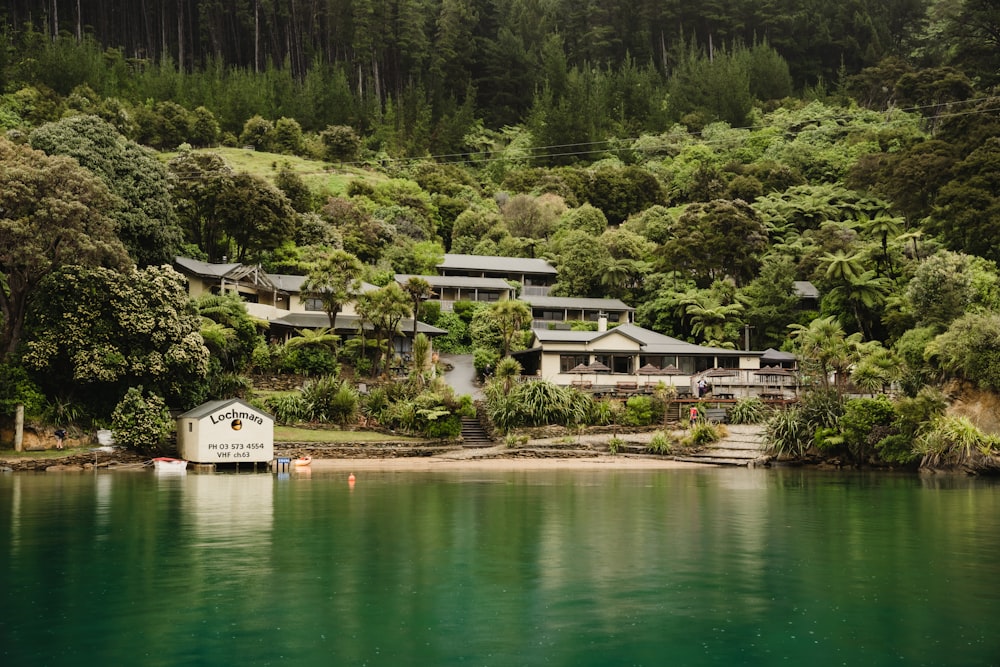 a house on the shore of a lake surrounded by trees