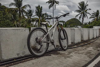 A rugged mountain bike resting against volcanic rocks under a cloudy Tenerife sky