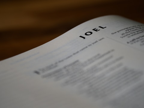 A close-up of a page from a book with the name 'Joel' prominently displayed at the top. The text on the page is blurred except for the name, suggesting a biblical context or a title page.