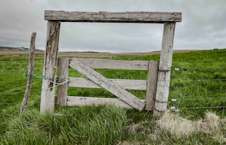 A sturdy cedar farm gate with natural wood grain and black iron hinges set against a lush green field.