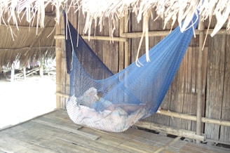 A blue net hammock is suspended between bamboo poles under a thatched roof structure. The hammock appears to be occupied. The surrounding environment features wooden and bamboo elements, creating a rustic and natural setting.