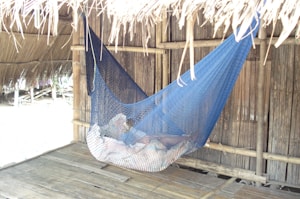 A blue net hammock is suspended between bamboo poles under a thatched roof structure. The hammock appears to be occupied. The surrounding environment features wooden and bamboo elements, creating a rustic and natural setting.