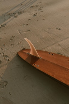 A beginner surfboard with a smooth finish on the sand.