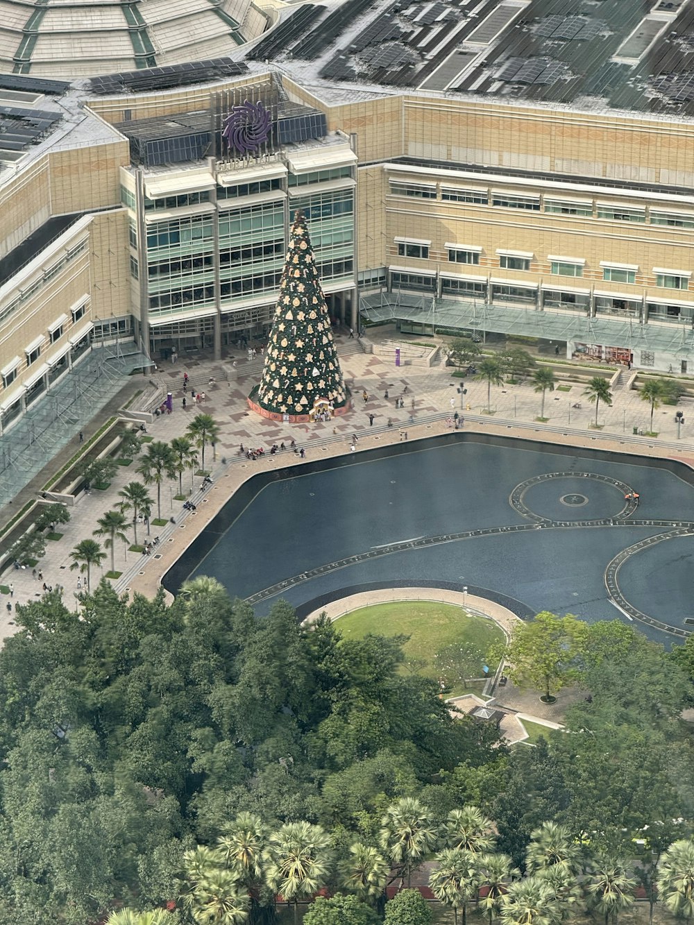 an aerial view of a building with a christmas tree