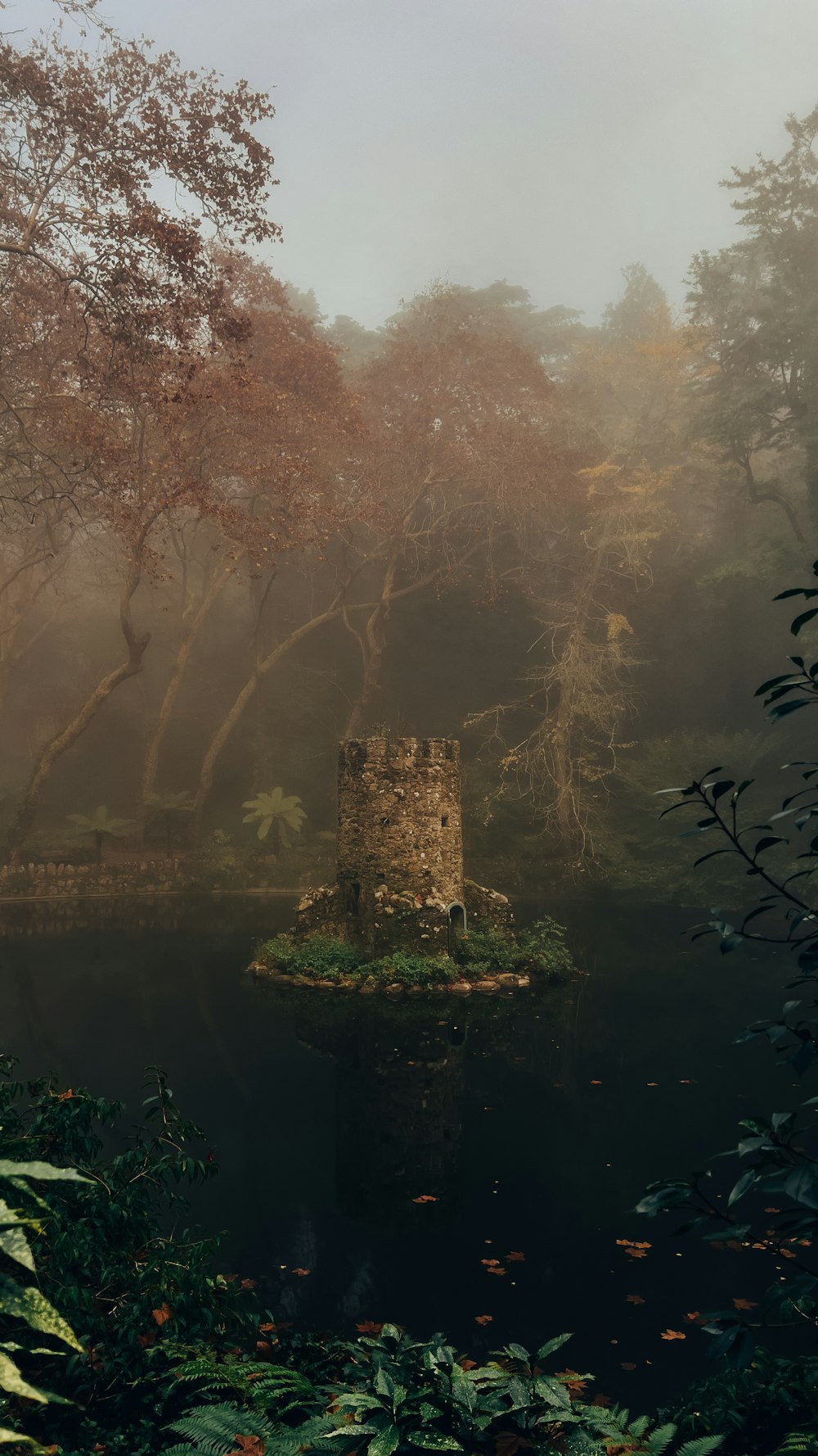 ein Schloss mitten in einem See, umgeben von Bäumen