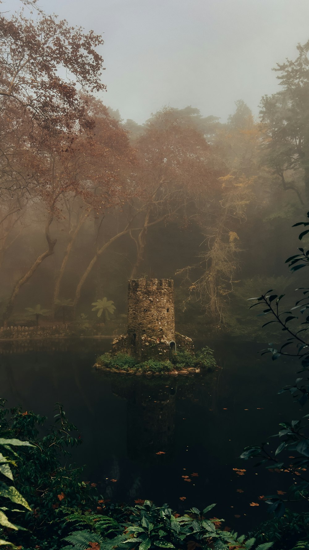 a castle in the middle of a lake surrounded by trees