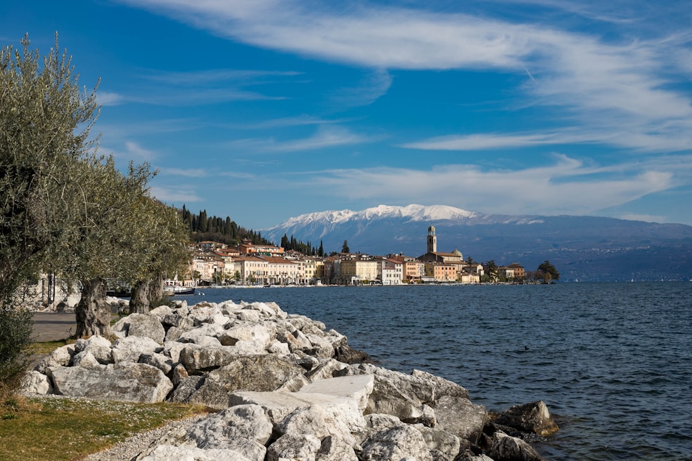 a scenic view of a lake with mountains in the background