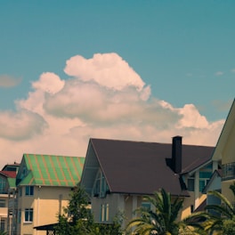 A serene view of Transvers Village showcasing permaculture gardens and bioarchitectural homes under a clear sky.