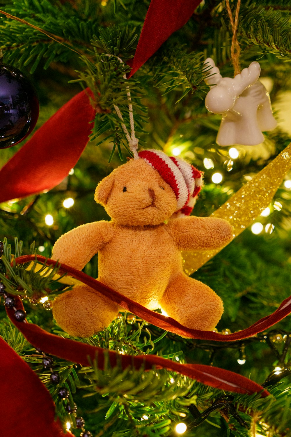 a teddy bear ornament hanging from a christmas tree